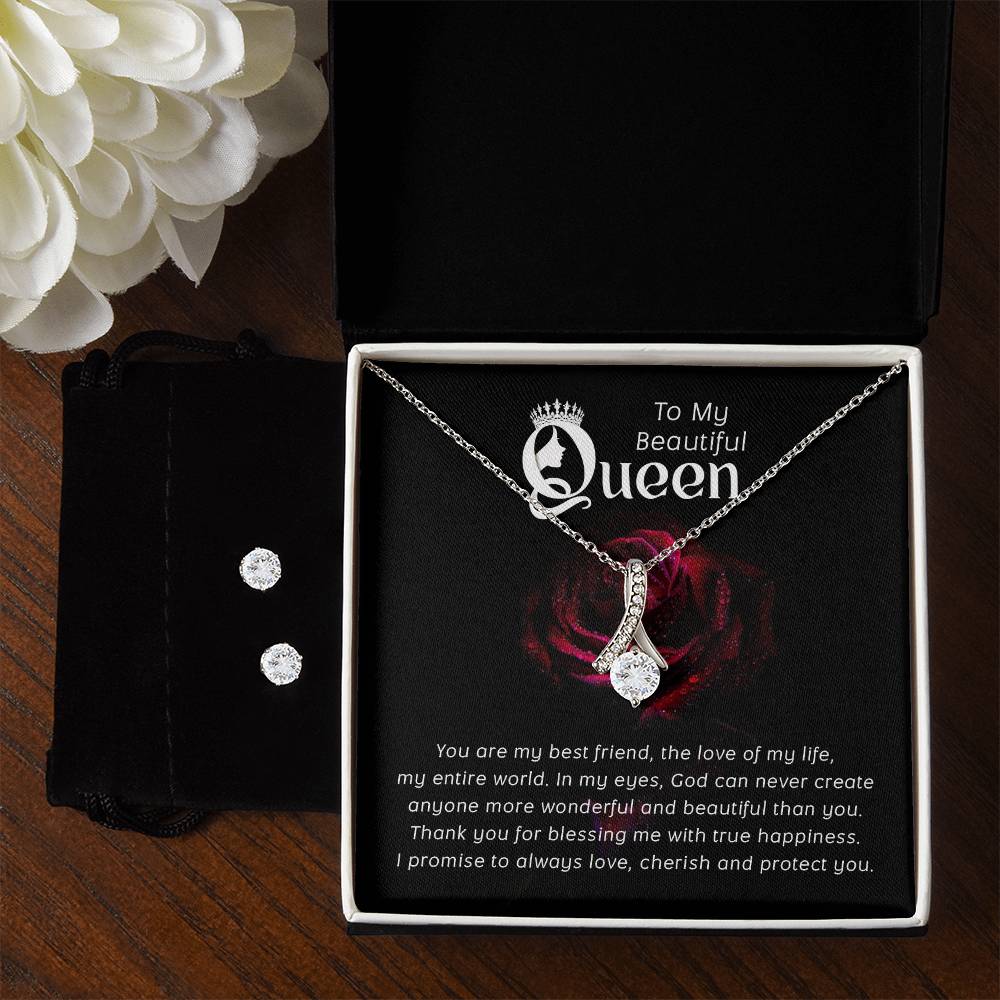 To My Beautiful Queen, Necklace and Cubic Zirconia Earring Set