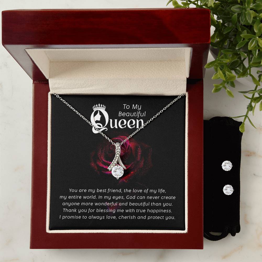 To My Beautiful Queen, Necklace and Cubic Zirconia Earring Set