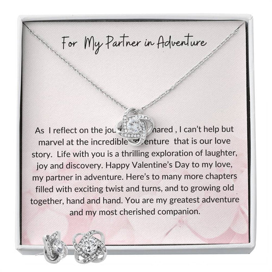 To My Partner in Adventure, Love  Knot Necklace , Earring Set