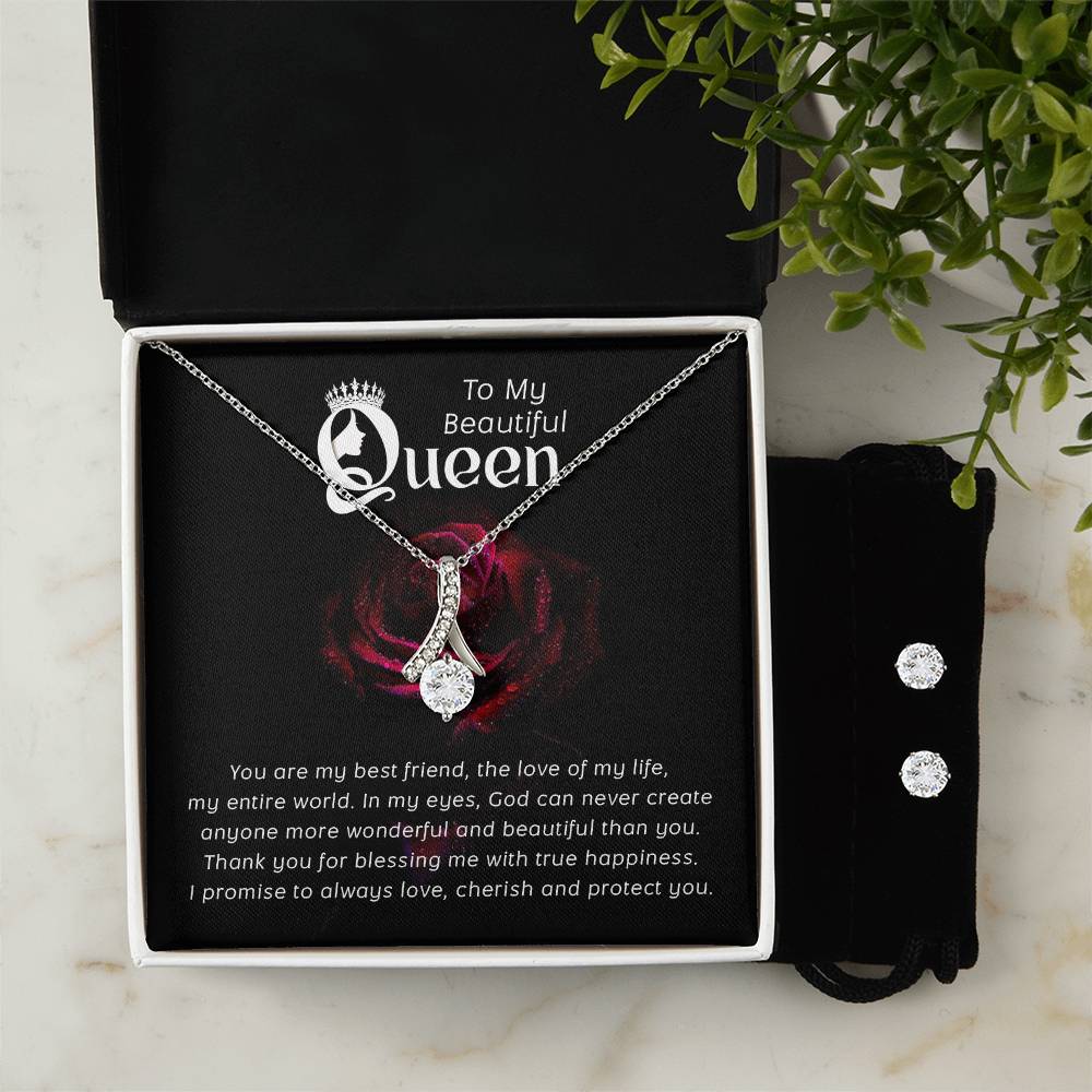 To  My Beautiful Queen,  Necklace and Cubic Zirconia Earring Set